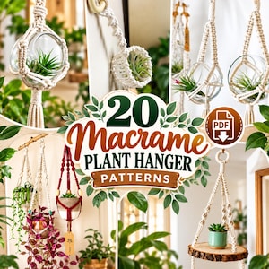 Puede incluir: Una colección digital de 20 patrones de soportes de macramé para plantas que incluye diseños de cuerda anudada color crema con globos de vidrio, un soporte de cuerda roja con cuentas de madera y un soporte con una repisa de madera circular.