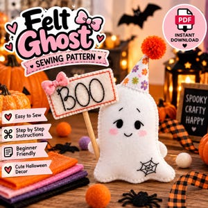 Mönster för sömnad av filtspöken, Halloween-BOO-skyltpyssel, PDF