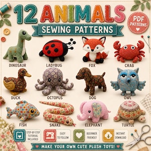 Pacchetto di 12 modelli per cucire peluche di animali, giocattoli adatti ai principianti, 30 cm, PDF