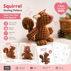 May include: A brown plaid squirrel plush toy with a red and white striped nose, featured in a sewing pattern advertisement. The pattern includes step-by-step instructions and is beginner-friendly. The text reads "Squirrel Sewing Pattern" and "Make Your Own Cute Squirrel!"