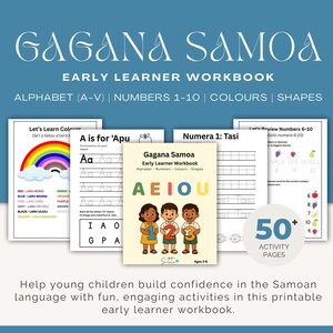 Könnte beinhalten: Ein druckbares Arbeitsbuch für frühes Lernen mit dem Titel "Gagana Samoa" mit dem Text "Alphabet, Zahlen, Farben, Formen". Das Cover zeigt Kinder, die Zahlen halten. Das Arbeitsbuch enthält über 50 Aktivitätsseiten für Kinder im Alter von 3-6 Jahren.