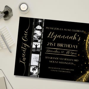 21st Birthday Invitation – Editable Canva Template – Black Gold Sparkle – Instant Download