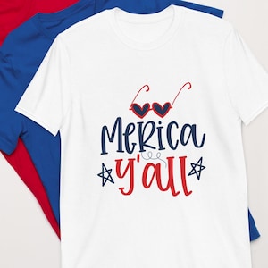 Merica Y’all Funny Patriotic Graphic Tee Red White Blue Shirt for 4th of July Memorial Day Labor Day Veterans Summer BBQ