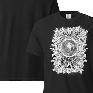 Ornate Lion Frame Graphic Tee, Black Heavyweight Unisex T-Shirt with Intricate White Artwork for Gothic and Streetwear Style