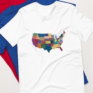 Kleurrijk T-shirt met kaart van de Verenigde Staten – educatief T-shirt Amerikaanse geografie – shirt Verenigde Staten voor docenten, studenten reizigers