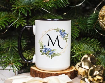 Floral Initial Coffee Mug, Personalized Letter Monogram, Custom Name Gift