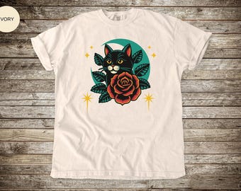 Cat Tattoo Graphic T-Shirt, American Traditional, Comfort Colors