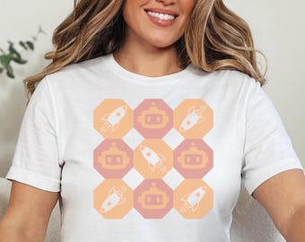 Checkered Robot Rocket T-Shirt, Sci-Fi Graphic Tee