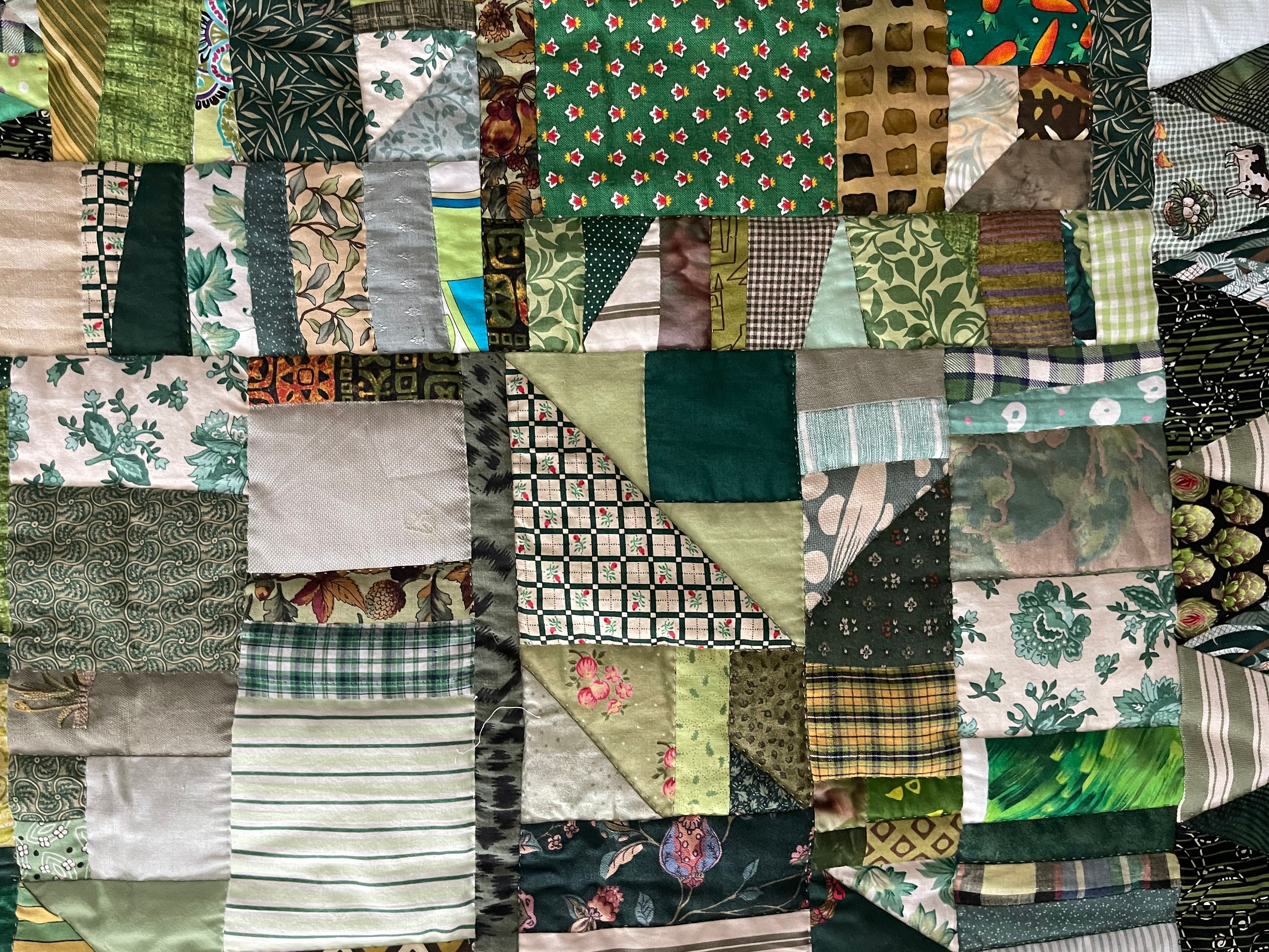 Green Crazy Scrap Quilt Wall Hanging Baby Quilt Hand Made Hand Quilted