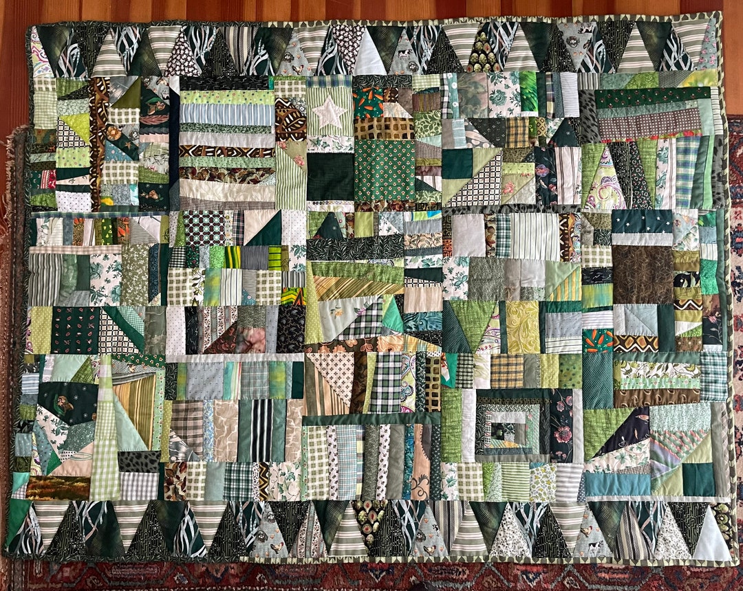 Green Crazy Scrap Quilt Wall Hanging Baby Quilt Hand Made Hand Quilted