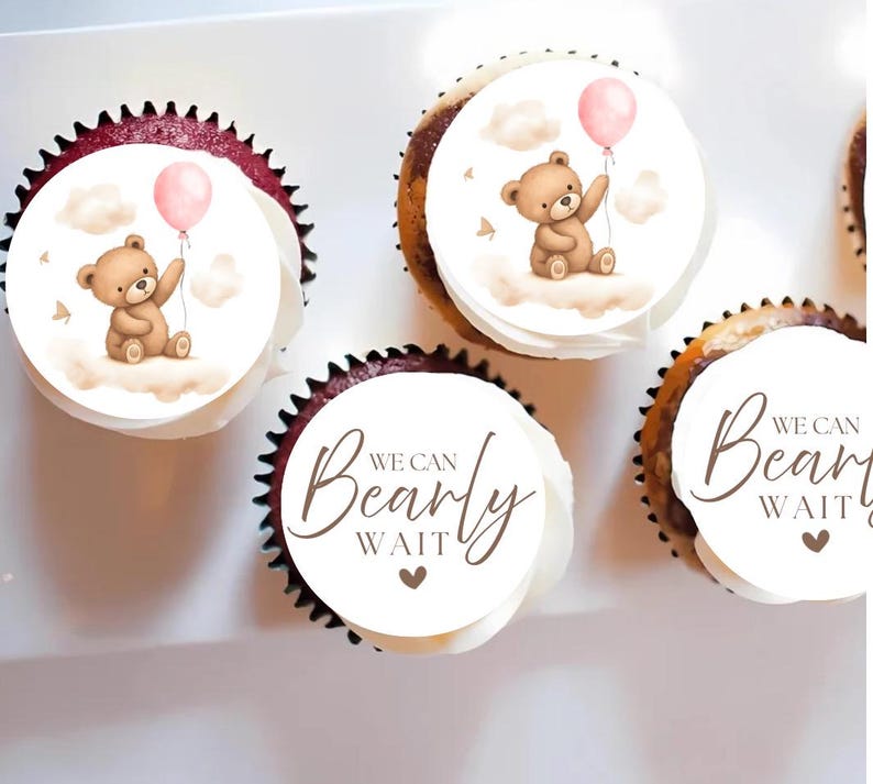 We Can Bearly Wait Edible Cake, Cupcake, Treat Toppers: Pink Bear Baby ...