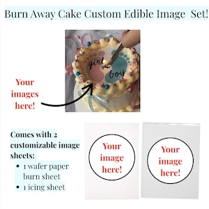 Custom Burn Away Cake Toppers Set of 2 Edible Image Toppers:1 Wafer paper, 1 Icing Sheet for Birthday, Gender Reveal, Anniversary NOT PRECUT