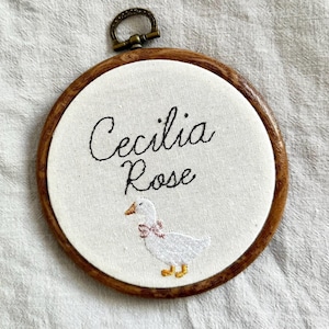 Embroidered Goose 4” Hoop Sign : Custom Nursery Decor, Keepsake, Christmas Ornament, Baby Name Announcement, Pregnancy, Baby Shower Gift