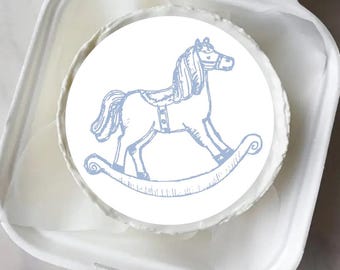 Vintage Rocking Horse Cake, Cupcake, Treat Toppers: Edible Icing Image, Blue Boy Baby Shower Birthday