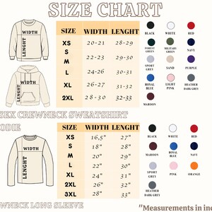 May include: Size chart for unisex crewneck sweatshirts, hoodies, and crewneck long sleeves. Includes measurements in inches for width and length, with size options from XS to 3XL. Color options include black, white, red, and more.