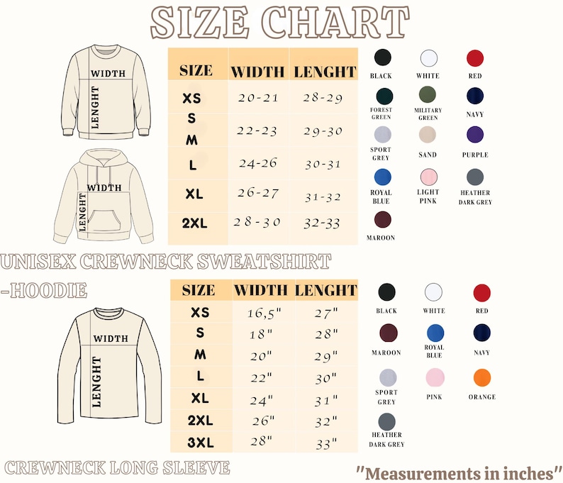 May include: Size chart for unisex crewneck sweatshirts, hoodies, and crewneck long sleeves. Includes measurements in inches for width and length, with size options from XS to 3XL. Color options include black, white, red, and more.