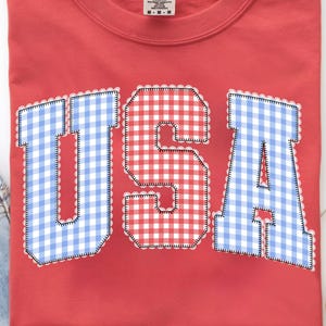 May include: Red crew neck sweatshirt with the word "USA" appliqued on the front. The letters are in a gingham pattern, with the "U" and "A" in blue and white, and the "S" in red and white. The sweatshirt has a tag that says "Comfort Colors".