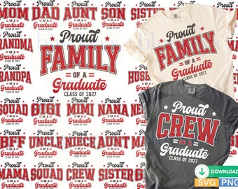 May include: A collection of graphic designs featuring the text Proud Family of a Graduate Class of 2027 in red and black, displayed alongside a cream t-shirt and a dark gray t-shirt, both printed with the same collegiate-style lettering and graphics.