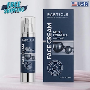 May include: A skincare product set featuring a silver pump bottle and a navy blue box. The bottle and box both display the brand name "Particle" and the text "Men's Formula Daily Care Face Cream." The box also includes the text "Aesthetic Science for Men."