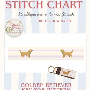 Peut inclure: Téléchargement numérique d'un patron de porte-clés Golden Retriever. L'image comprend un diagramme de point avec deux chiens pixélisés et un porte-clés avec un motif de Golden Retriever. Le texte indique "STITCH CHART" et "GOLDEN RETRIEVER KEY FOB PATTERN."