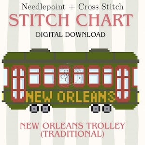 May include: Digital download of a stitch chart featuring a green and red New Orleans trolley design. The text reads "STITCH CHART" and "NEW ORLEANS TROLLEY (TRADITIONAL)". The background has vertical stripes.