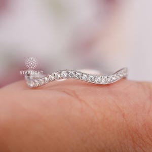 Dainty Curved Moissanite Wedding Band, 1.2mm Round Cut Moissanite Wedding Band, Full Eternity Curved Band, Stackable Band, Anniversary Gift