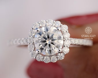 7mm Round Cut Moissanite Halo Ring, 14k White Gold Bridal Engagement Ring