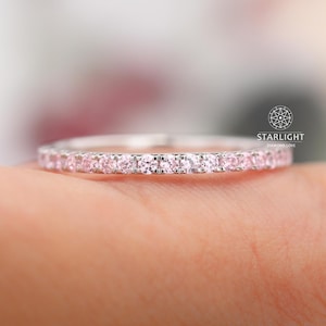 Pink Sapphire Band, 1.5mm Half Eternity Pink Diamond Ring, Sapphire Pave Stack October Birthstone Ring, 14k Solid Gold Pink Sapphire Ring