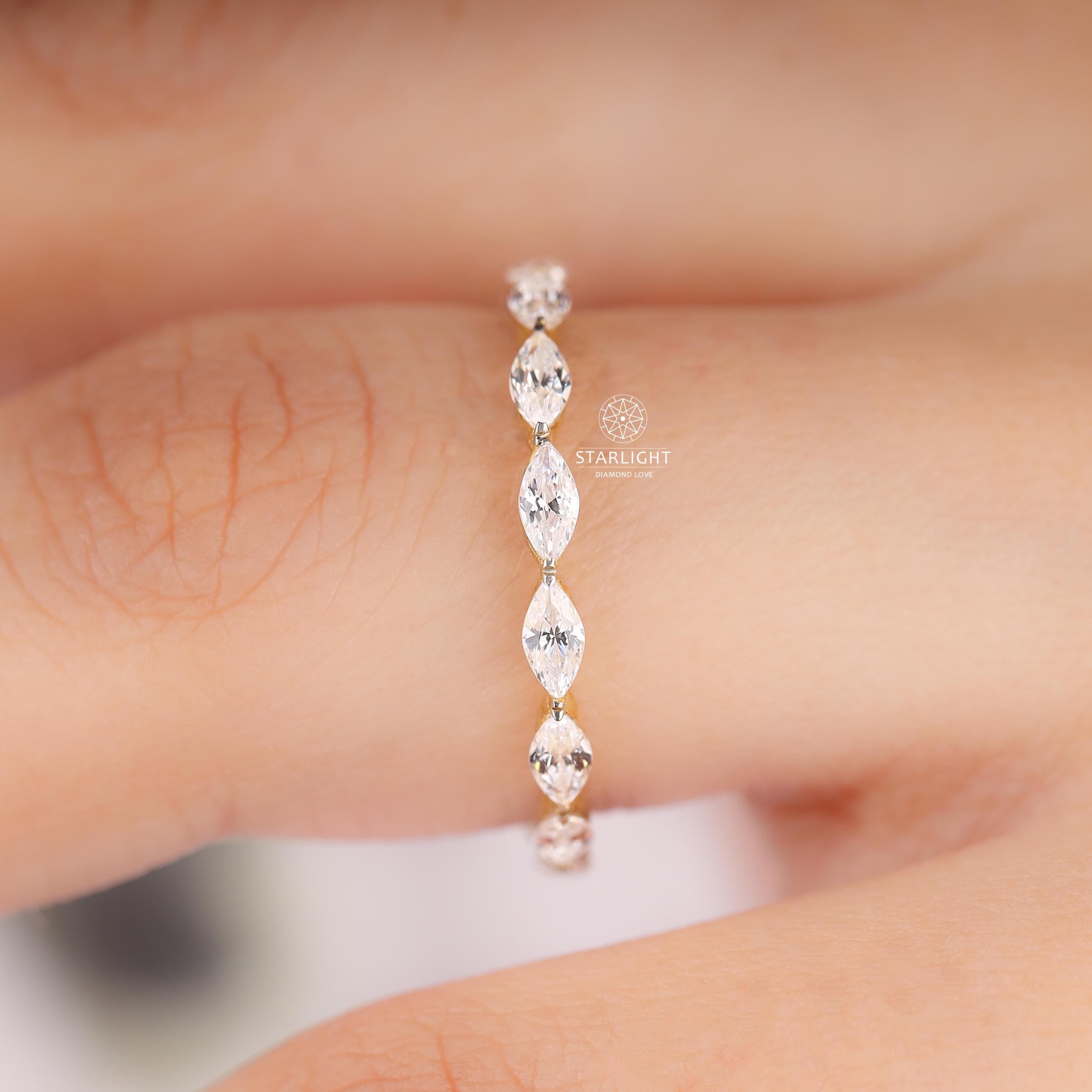 Marquise Cut Lab Grown Diamond Wedding Band Minimalist Full Eternity ...