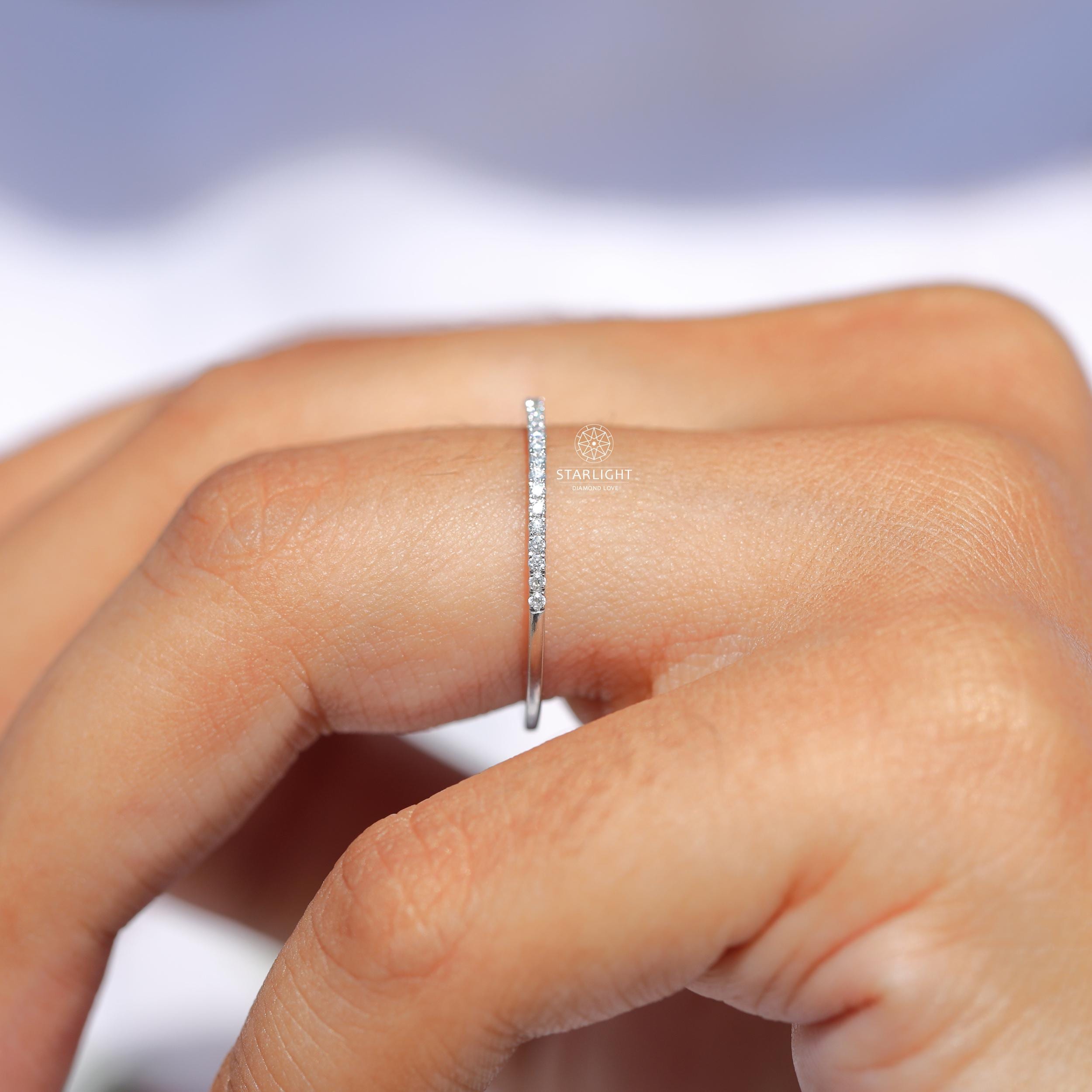 1mm Micro Pave Lab Grown Diamond Wedding Band, Delicate Half