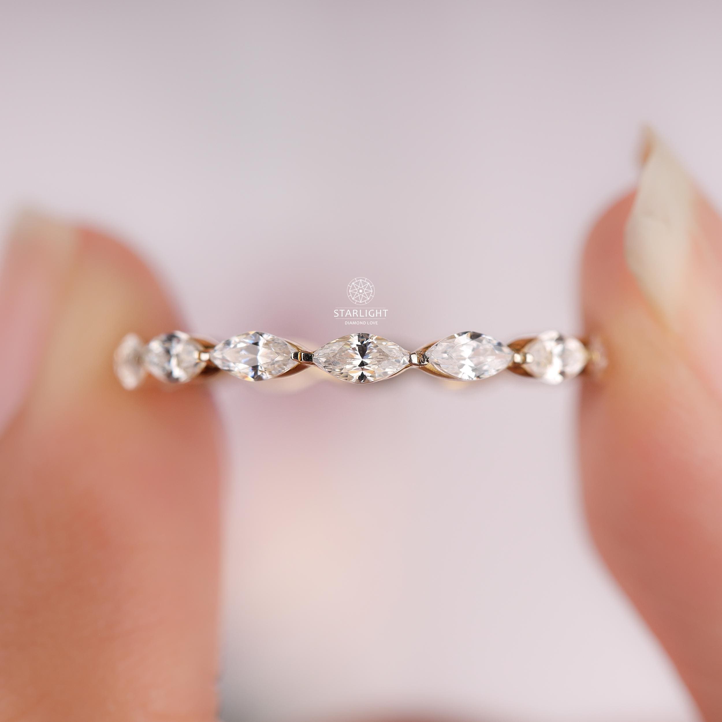 Marquise Cut Lab Grown Diamond Wedding Band Minimalist Full Eternity ...