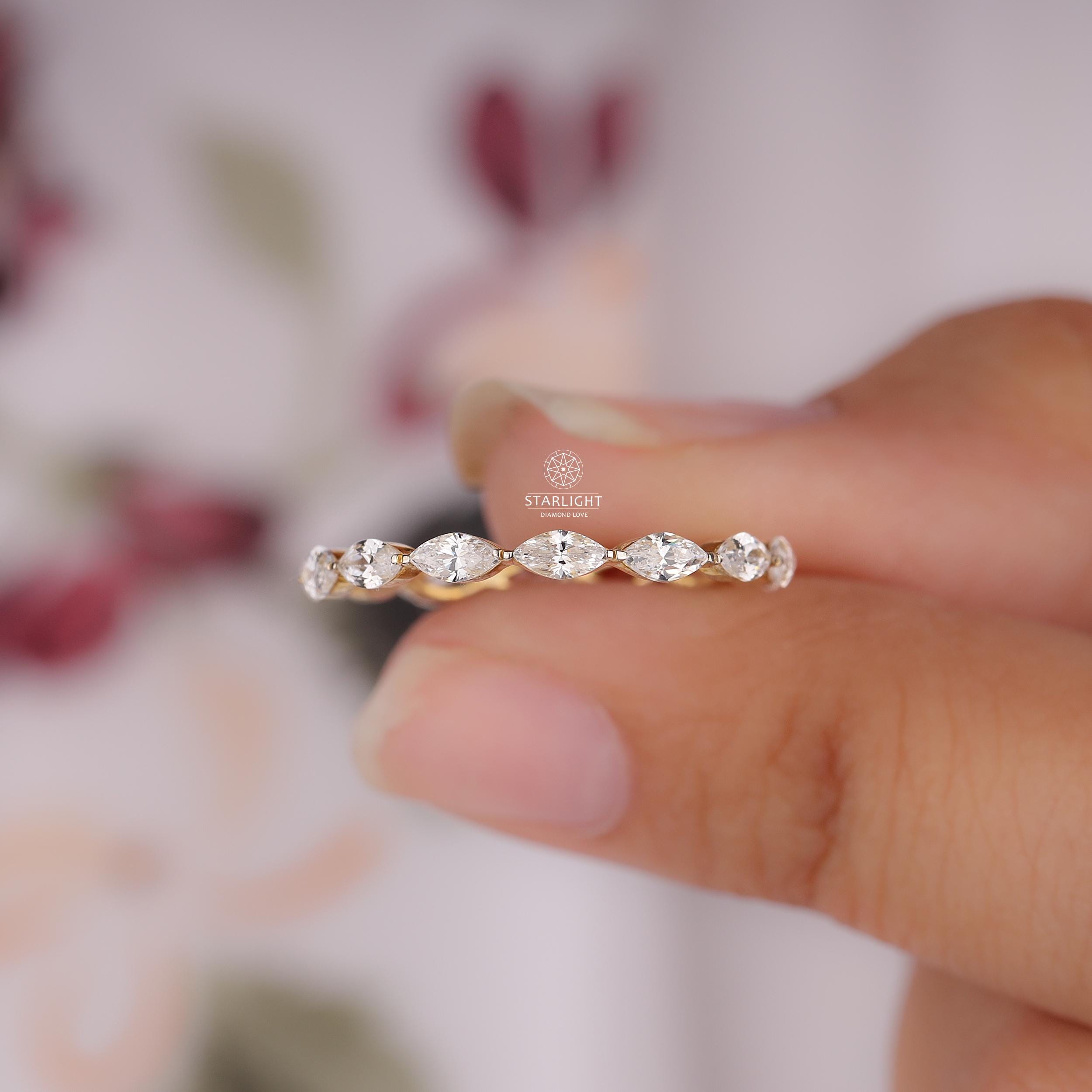 Marquise Cut Lab Grown Diamond Wedding Band Minimalist Full Eternity ...