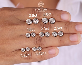 Lab Grown Diamond Earrings, Round Cut Bezel Set Diamond Earrings, 0.50-5.0 Carat Diamond Studs, 14k Gold Minimalist Studs, Gift For Her /Him
