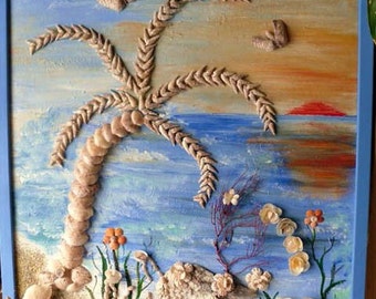 Painting on canvas with real seashells from Florida, 3-D effect