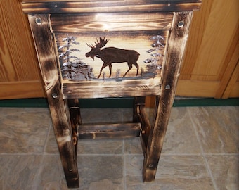 moose rustic end table, nightstand, side table solid wood, handmade and handpainted