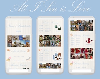 May include: Three smartphones displaying a customizable bachelorette template against a light blue background. The template includes itinerary details and photos. Text reads "All I Sea is Love" and "Customizable Bachelorette Template."