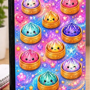 May include: A rectangular notebook featuring a vibrant purple and blue gradient background filled with glowing stars and hearts. The cover displays eight cartoon dumplings with smiling faces, each resting in a small wooden bamboo steamer basket.