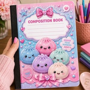 May include: A composition book with a light blue and pink gradient cover featuring five colorful, glittery, smiling dumpling characters. The cover includes a pink bow, stars, hearts, and text that reads COMPOSITION BOOK, SQUISH YOUR WORRIES AWAY, and GOOD VIBES ONLY.