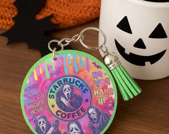 Chaveiro de Halloween com o Ghostface da Starbucks | Chaveiro de resina acrílica dupla face com pingente | Presente assustador para o Halloween