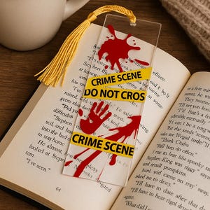 Crime Scene Acrylic Bookmark | Bloody Handprint & Police Tape | Thriller Horror Bookish Gift | Halloween Murder Mystery Bookmark