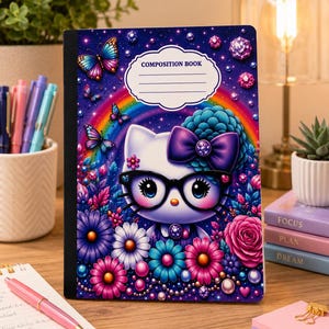 Personalized Cute Kitty Composition Notebook | Rainbow Floral Journal | Kawaii School Notebook | kid and teen Journal | Regular & Mini Note
