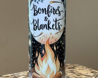 Bonfires & Blankets Tumbler | Cozy Fall Campfire Cup | Autumn Drinkware Gift | Fall Quote Tumbler | Rustic Outdoor Lover Gift | camping cups