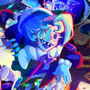 May include: A collection of holographic stickers featuring a cartoon character with blue skin, a wide grin, and pointed ears. The character is dressed in a dark outfit with light blue gloves and a white collar. The stickers have a shiny, iridescent finish.