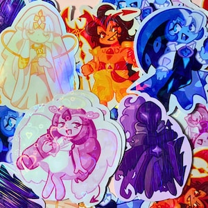 May include: A collection of holographic stickers featuring anime-style characters. The stickers showcase various characters in vibrant colors, including white, orange, blue, purple, and pink. Each sticker has a unique design and pose, with a shiny, iridescent finish.