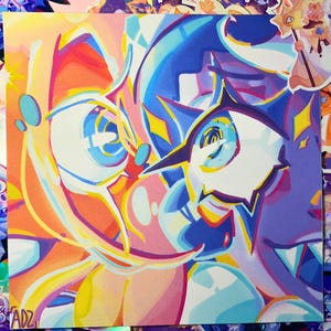 Pode incluir: Uma vibrante impressão de arte abstrata com dois olhos estilizados em tons de laranja, rosa, azul e amarelo. A obra de arte tem um estilo gráfico arrojado com linhas nítidas e formas dinâmicas. As iniciais do artista, "ADZ", são visíveis.