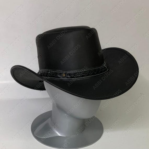 Black Leather Cowboy Hat – Handmade Western Outback Biker Hat for Men & Women