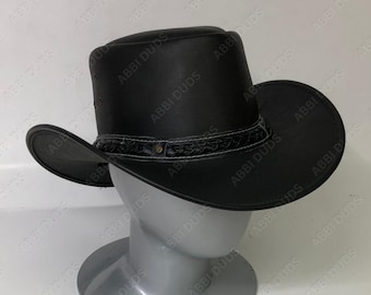 Handmade Black Leather Cowboy Hat with Braided Band