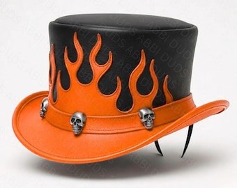 Handgefertigter schwarzer Lederzylinder, blaue Flammen, Totenkopfverzierungen, Steampunk-Biker-Cosplay