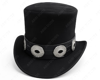 Black Leather Top Hat with Silver Conchos – Steampunk Western