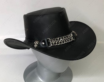 Black Leather Biker Hat  Handmade Steampunk Top Hat with Skull Chain Band